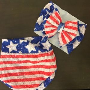 Patriotic bow and bummy set. Size 5 mo
